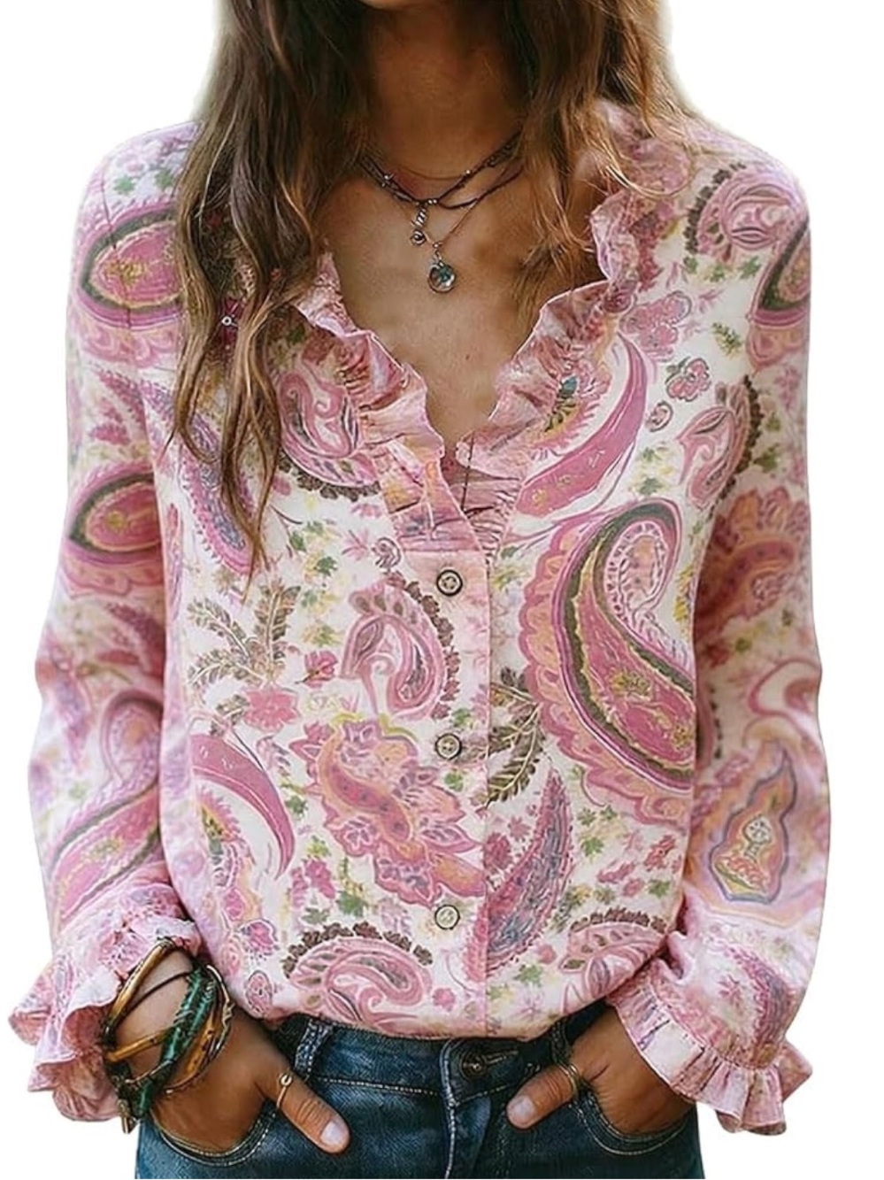 Cherrybetty Pink Paisley Floral Print Ruffled Collar Button-Down Boho Blouse